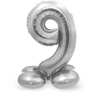Zilverkleurig Folieballon Cijfer 9 Op Standaard (72 cm)