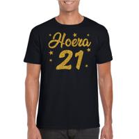 Hoera 21 jaar verjaardag - cadeau t-shirt - zwart - gouden glitter print - heren
