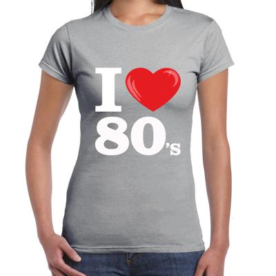 Disco T-shirt dames - I love 80s - grijs - eighties thema party - verkleedkleding - themafeest