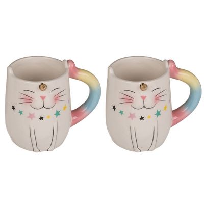 Set van 2x stuks bekers/mokken eenhoorn kat/poes 13 cm