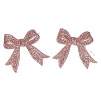 Kerst strikjes - 2x st - roze - glitter - 11 cm - kunststof - kersthangers - kerstornamenten