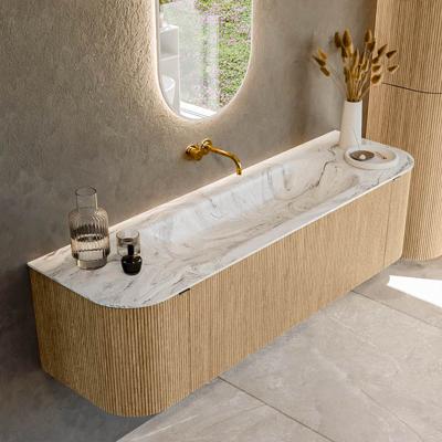 Badmeubel Mondiaz Kurve-Dlux | 160 cm | Meubelkleur Oak | Wastafelkleur Glace | Solid surface | Midden spoelbak | Zonder kraangat(en)