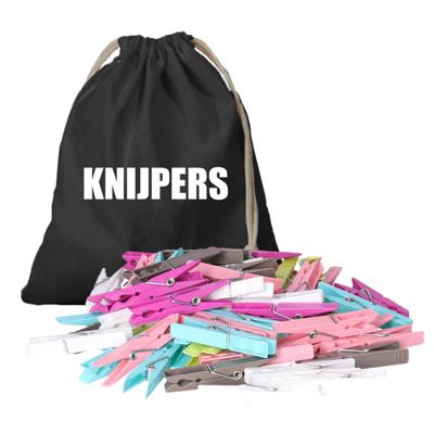 Canvas knijperzak - met 100 plastic wasknijpers - 25 x 30 cm - zwart - met koord