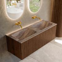 Badmeubel Mondiaz Kurve-Dlux | 120 cm | Meubelkleur Walnut | Wastafelkleur Oza | Solid surface | Wasbak beide zijden spoelbak | Zonder kraangat(en)