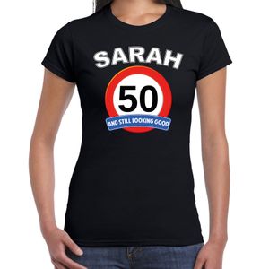 Verjaardag cadeau t-shirt verkeersbord 50 jaar Sarah zwart voor dames