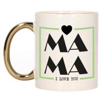 Cadeau koffie/thee mok voor mama - wit/groen - ik hou van jou - gouden oor - Moederdag   - - thumbnail