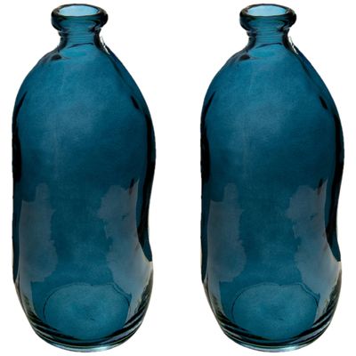 Bloemenvaas - 2x - Organische fles vorm - blauw transparant - glas - H36 x D15 cm