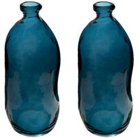 Bloemenvaas - 2x - Organische fles vorm - blauw transparant - glas - H36 x D15 cm