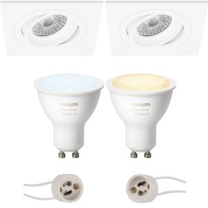 Pragmi Borny Pro - Inbouw Vierkant - Mat Wit - Kantelbaar - 92mm - Philips Hue - LED Spot Set GU10 - White Ambiance - Bluetooth