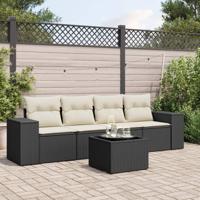 5-delige Loungeset met kussens poly rattan zwart