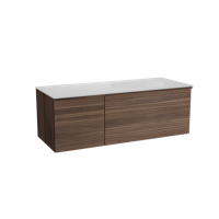 Balmani Forma zwevend badmeubel 135 x 55 cm amerikaans notenhout met Tablo Oval asymmetrisch rechtse wastafel in solid surface mat wit, Horizontale symmetrische rechte ribbel
