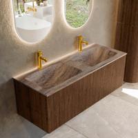 Badmeubel Mondiaz Kurve-Dlux | 120 cm | Meubelkleur Walnut | Wastafelkleur Oza | Solid surface | Wasbak beide zijden spoelbak | 2 kraangaten