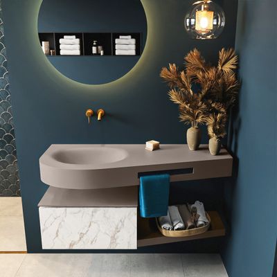 MONDIAZ RIVA 120cm badmeubel onderkast / planchet kleur carrara met 1 lade. Wastafel DULCET links 0 kraangaten kleur Smoke. MONDIAZ RIVA 120cm badmeubel onderkast / planchet kleur carrara met 1 lade. Wastafel DULCET links 0 kraangaten kleur Smoke.