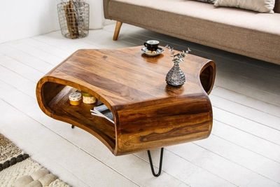 Retro salontafel ORGANIC LIVING 80cm Sheesham Palissander Haarspeldpoten massief hout met opbergruimte - 38901