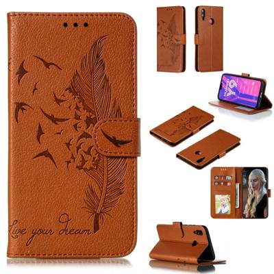 Feather patroon Litchi textuur horizontale Flip lederen draagtas met portemonnee & houder & kaartsleuven voor Huawei Y9 (2019) (bruin)