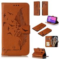 Feather patroon Litchi textuur horizontale Flip lederen draagtas met portemonnee & houder & kaartsleuven voor Huawei Y9 (2019) (bruin)