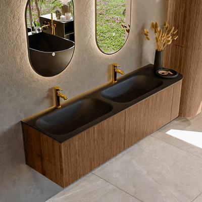 Mondiaz KURVE 165 cm Onderkast Greeploos 2 Lades Met Deuren Walnut, Wastafel Solid Surface Links Urban 2 Kraangaten Zonder Spiegel (KRVBGS165R2L1D2KD-Wal/Urb)