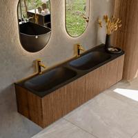 Mondiaz KURVE 165 cm Onderkast Greeploos 2 Lades Met Deuren Walnut, Wastafel Solid Surface Links Urban 2 Kraangaten Zonder Spiegel (KRVBGS165R2L1D2KD-Wal/Urb)