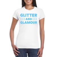 Verkleed T-shirt voor dames - glitter and glamour - wit - blauw glitter - carnaval/themafeest