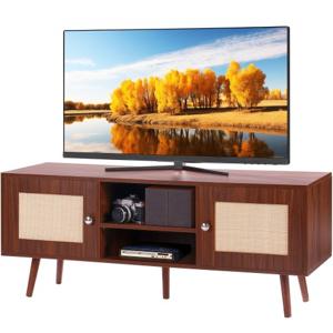 VEVOR Rotan tv-meubel, tv-meubel Boho tv-meubel voor 140 cm tv, retro tv-meubel, rotan tv-console met verstelbare planken en 2 deuren, voor woonkamer, mediaruimte, walnoot