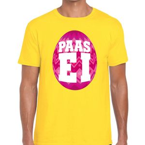 Paasei t-shirt geel met roze ei voor heren