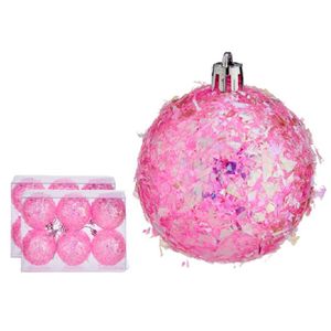 Kerstballen - 12x stuks - roze glitter - kunststof - 6 cm