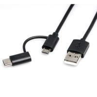 ROLINE Kabel USB Micro B + Typ C M/M to USB2.0 A M, OTG, zwart, 1 m - thumbnail