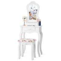 Kaptafel Set met Waaiervormige Spiegel Make-Up Kaptafel met Kussentje en 3 Lades Kaptafel voor Cosmetica Opslag Afneembare Bovendeel
