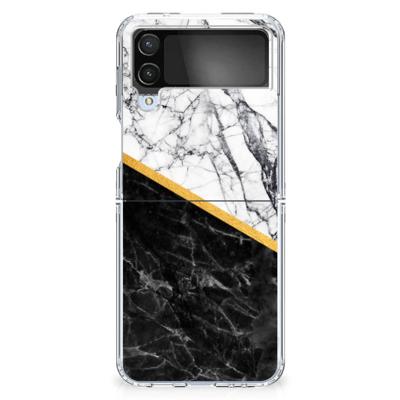 Samsung Galaxy Z Flip 4 | TPU | Siliconen hoesje | Marmer Wit Zwart - Origineel Cadeau Man