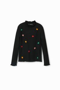T-shirt met geborduurde bloemen - BLACK - 3/4