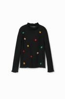 T-shirt met geborduurde bloemen - BLACK - 3/4