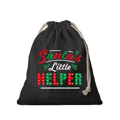 1x Kerst cadeauzak zwart Santa his little helper met koord voor als cadeauverpakking