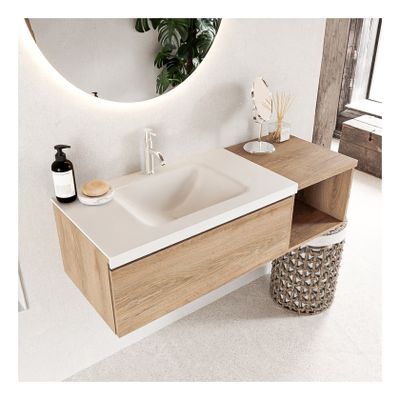Mondiaz Bukla 120cm badmeubel met open module 40 kleur washed oak 1 lade wastafel links 1 kraangat kleur talc