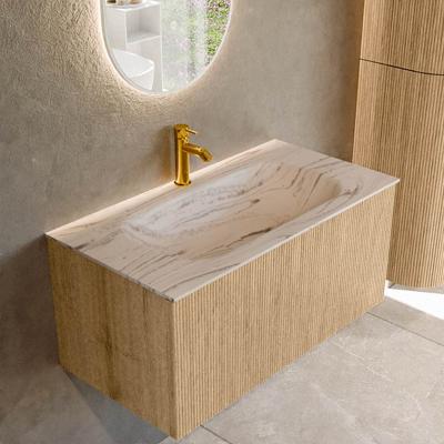 Badmeubel Mondiaz Kurve-Dlux | 90 cm | Meubelkleur Oak | Wastafelkleur Nata | Solid surface | Wasbak midden spoelbak | 1 kraangat