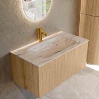 Badmeubel Mondiaz Kurve-Dlux | 90 cm | Meubelkleur Oak | Wastafelkleur Nata | Solid surface | Wasbak midden spoelbak | 1 kraangat