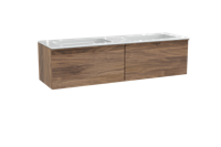 Balmani Forma zwevend badmeubel 180 x 55 cm amerikaans notenhout met Tablo Strada dubbele wastafel in composiet hoogglans wit, Horizontale symmetrische rechte ribbel