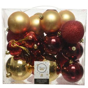 Decoris Kerstballen - 26x st - goud/rood - 6-8-10 cm - kunststof   -