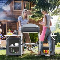 Opvouwbare Kampeertafel met Opbergruimte Aluminium Grillplaat met Voorruit en Draagtas Draagbare 2-Laags Keuken Kooktoestel Grijs