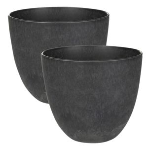 2x stuks plantenpot/bloempot in een natuursteen look Dia 23 cm en Hoogte 20 cm zwart