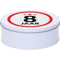 Leeftijd Snoeptrommel - koektrommel Cadeau - wit - rond blik - met 8 jaar sticker