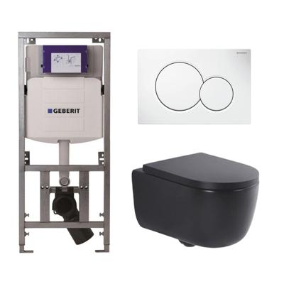 QeramiQ Dely Swirl Toiletset - 36.5x53cm - Geberit UP320 Burda inbouwreservoir - 35mm zitting - witte sigma bedieningsplaat - ronde knoppen - mat zwart 0701131/0700518/SW1000769/SW1026258