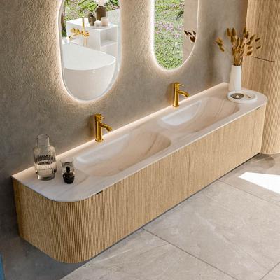 Badmeubel Mondiaz Kurve-Dlux | 200 cm | Meubelkleur Oak | Wastafelkleur Meli | Solid surface | Wasbak beide zijden spoelbak | 2 kraangaten
