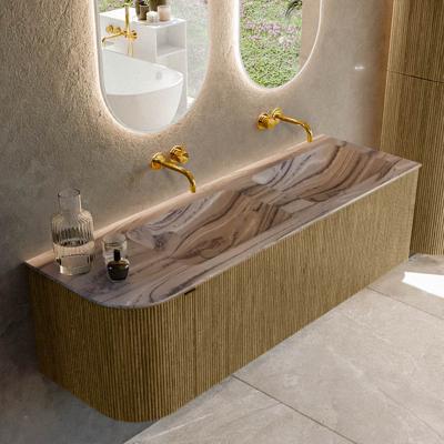 Badmeubel Mondiaz Kurve-Dlux | 145 cm | Meubelkleur Dusk | Wastafelkleur Sombra | Solid surface | Dubbel / Rechts spoelbak | Zonder kraangat(en)
