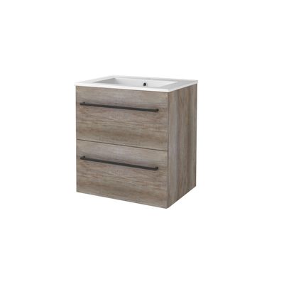 Badmeubelset BWS Salt 60x46cm Met Grepen 2 Lades Met Wastafel 1 Kraangat Scotch Oak