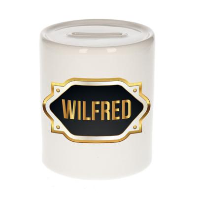 Spaarpot met voornaam Wilfred - wit - goud/zwart embleem - 8 x 9 cm - keramiek - afsluitdop