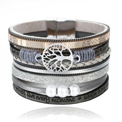 Grijze dames armband Ibiza stijl met kralen en levensboom