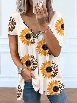 Zonnebloem Casual V Nek Rits Loszittend T-shirt Zonnebloem Casual V Nek Rits Loszittend T-shirt