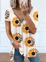 Zonnebloem Casual V Nek Rits Loszittend T-shirt - thumbnail