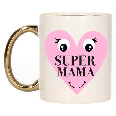 Cadeau koffie/thee mok voor Mama - goud - Super Mama hartje - keramiek - 300 ml - Moederdag