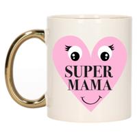 Cadeau koffie/thee mok voor Mama - goud - Super Mama hartje - keramiek - 300 ml - Moederdag